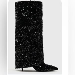 NWT Zara Black Sequin Knee High Gaiter Boots